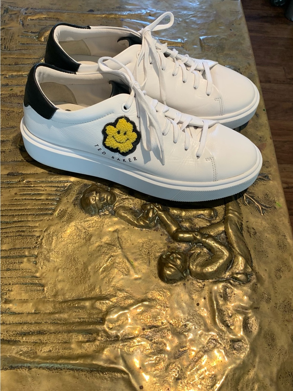 Ted Baker White Sneakers with Yellow Flower Patch and Black Heel